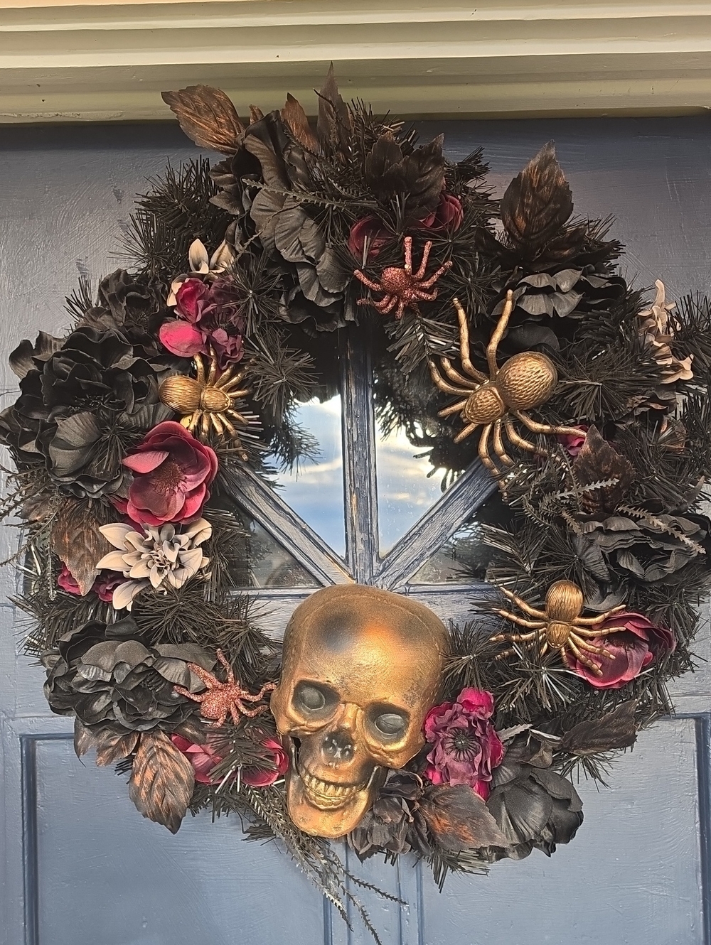 24" Gold Skull Halloween Wreath with Black and Deep Pink Accents